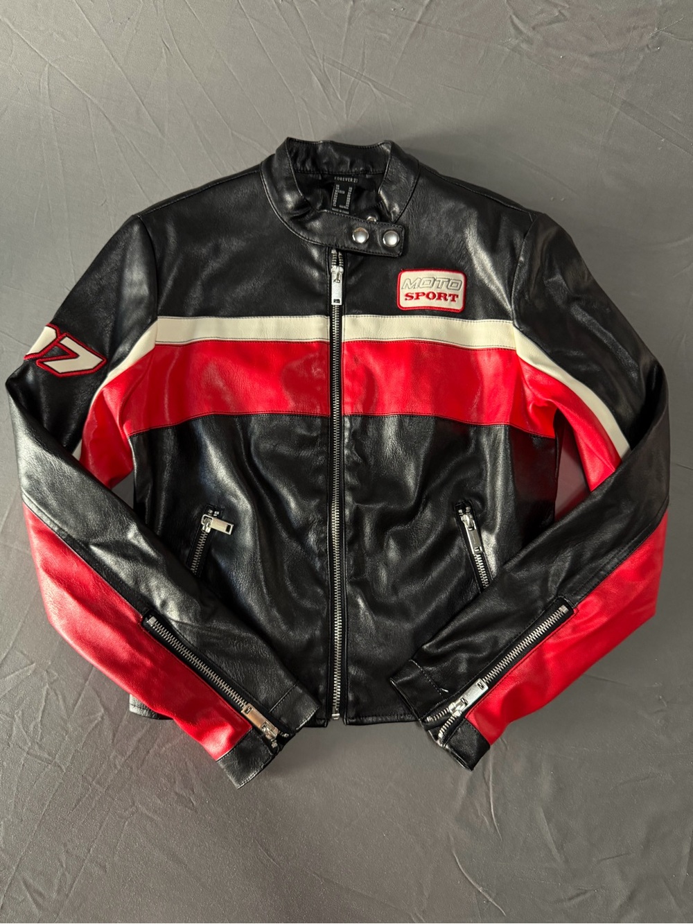 Forever 21 Black, Red & White Moto Sport Leather Jacket